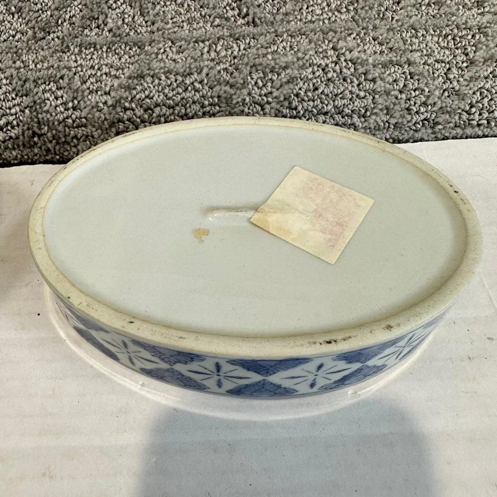 Vintage Blue White Oriental Landscape‎ Decorative Trinket Box Oval Lid